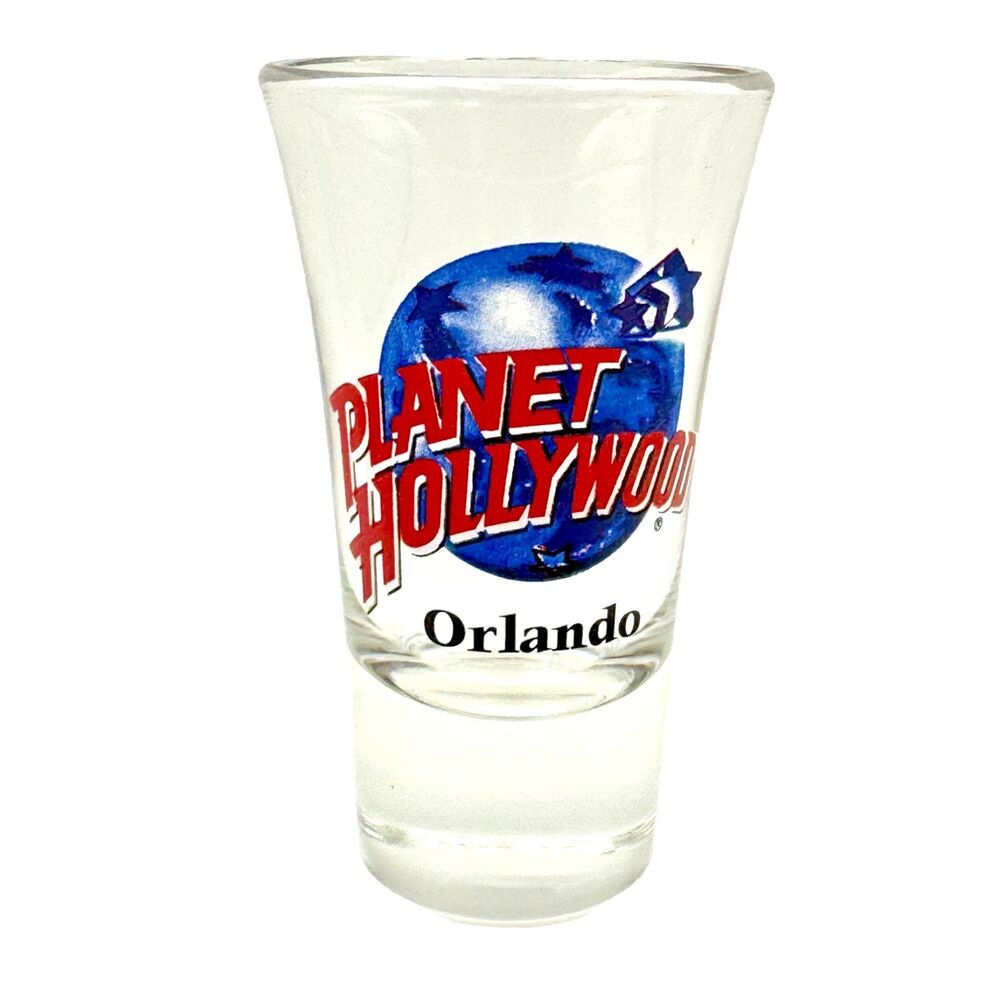 Planet Hollywood Shot Glass Orlando 3.5" Tall Blue & Red Logo Bar Room Barware